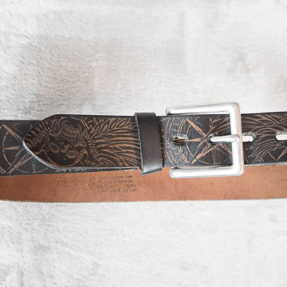Y2k Style Mens Sz 42 Tooled Leather Belt‎ Screaming Skulls Wings Compass